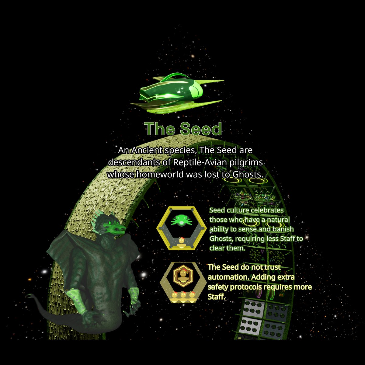 The Seed — the faction card: species, ship, homeworld, strength and weakness