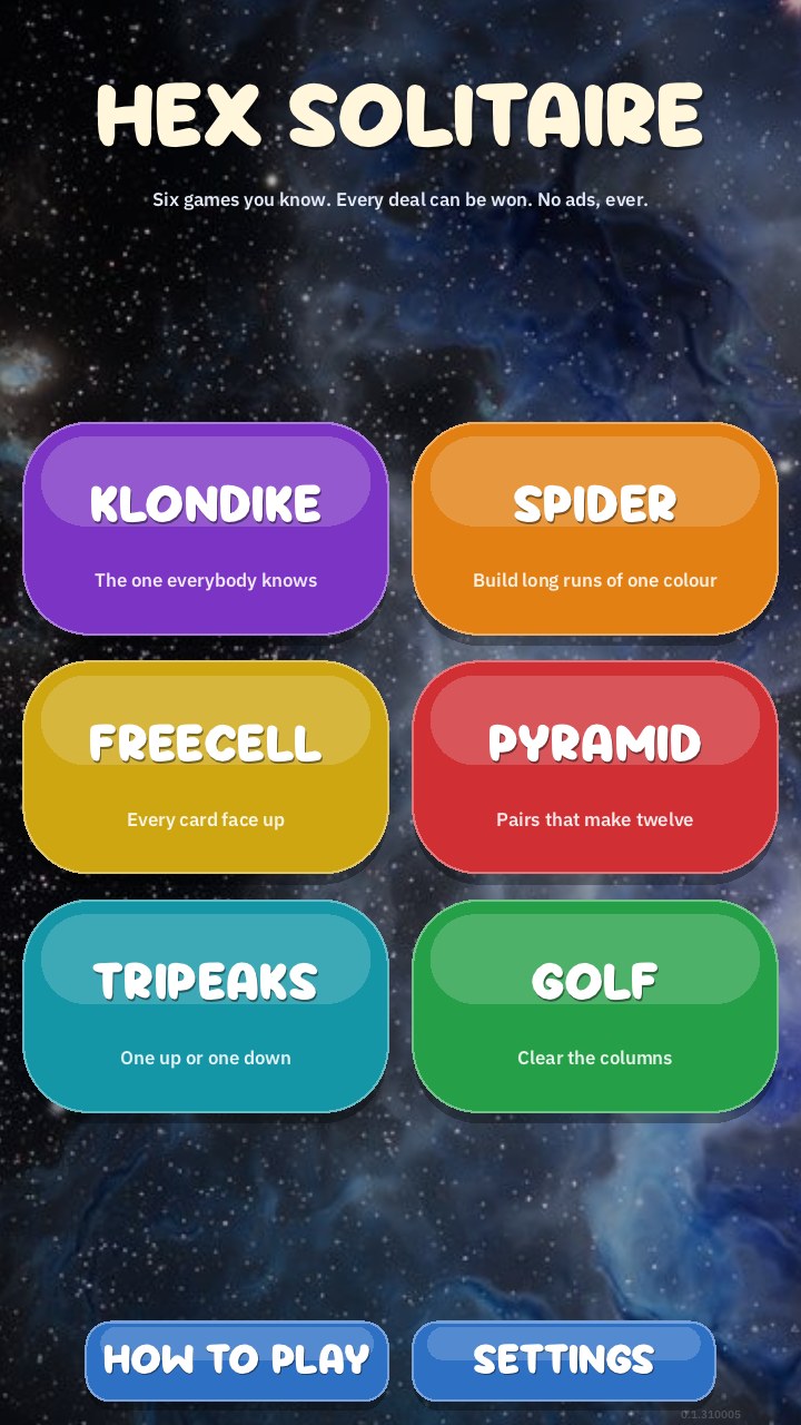 Hex Solitaire home screen: six big buttons, one for each game