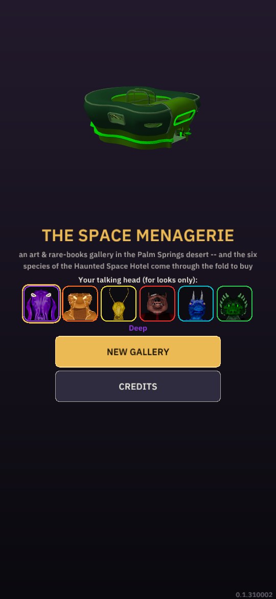 HexMenagerie title screen: the Space Menagerie building and the six species to pick from