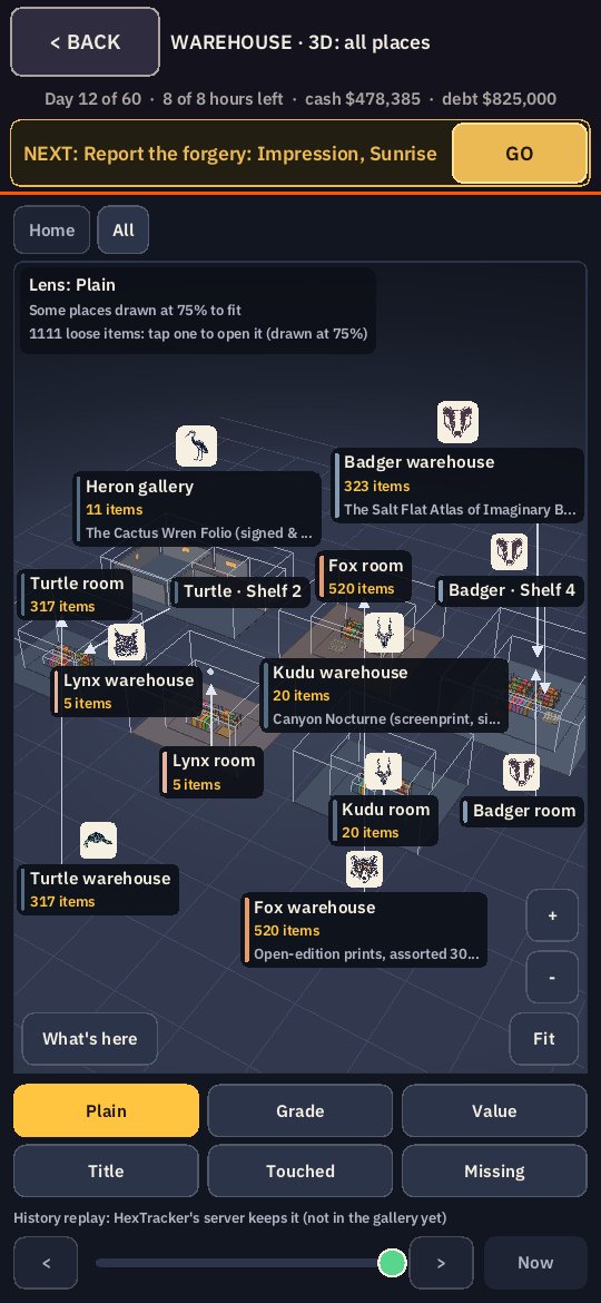 HexTracker's 3D at its widest: the gallery and the five warehouses, each with how many items it holds