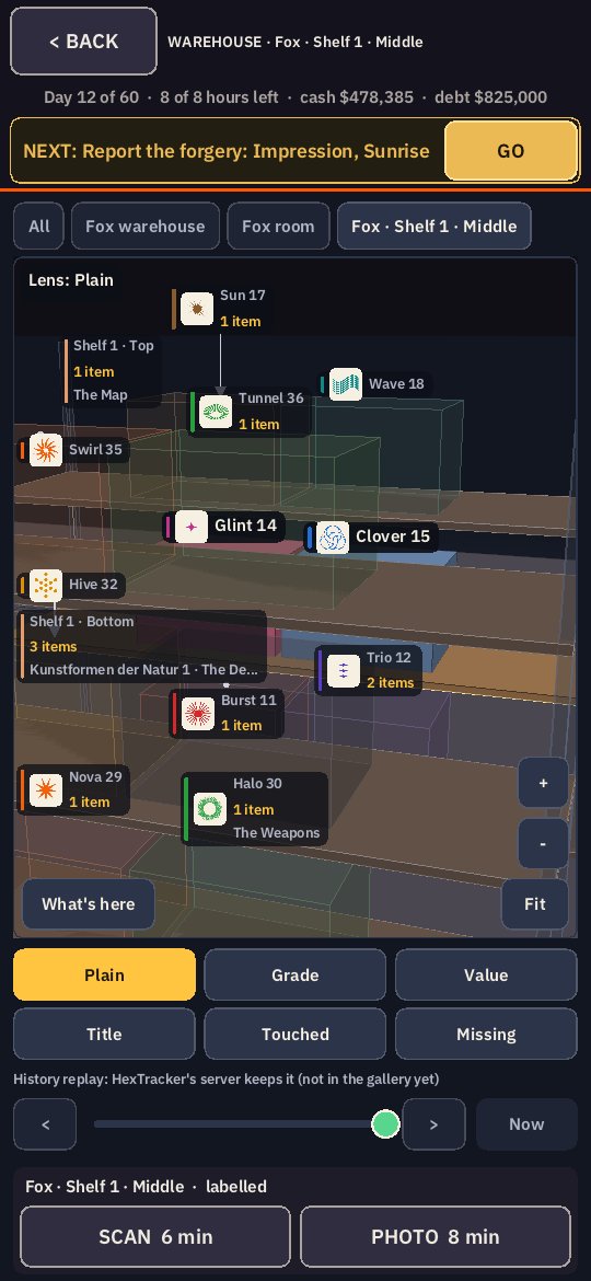 Closer: the middle level of Fox Shelf 1, every box wearing its label, and the SCAN button for the shelf