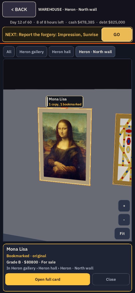 Zoomed in on the Heron hall's North wall: the Mona Lisa in its frame, and its card: grade B, $80,800, for sale