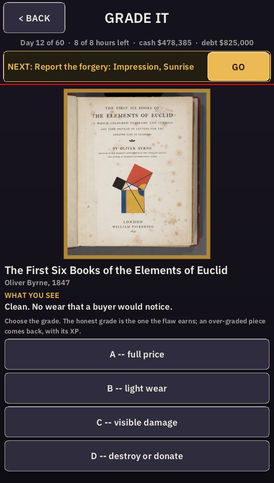 Grading Oliver Byrne's Euclid of 1847: what you see on it, and the four grades from A, full price, to D, destroy or donate