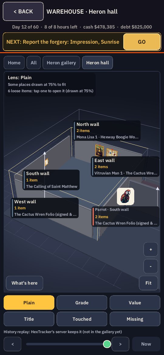 HexTracker's 3D inside the Heron hall: four walls, each labelled with what hangs on it, the Mona Lisa and its neighbour framed on the far wall