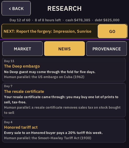 The news on day 12: the Deep embargo beside the US embargo on Cuba (1962), a resale certificate, and the Honored tariff act beside the Smoot-Hawley Tariff Act (1930)