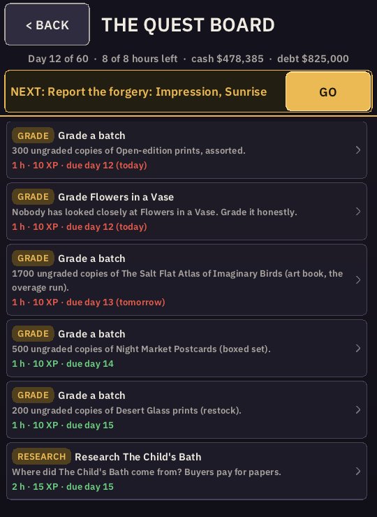 The quest board on day 12: batches of prints and books to grade, a painting to grade and a provenance to research, each with its hours, XP and due day