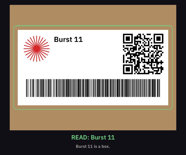 The same label held still: sharp, framed in green, and read: READ: Burst 11