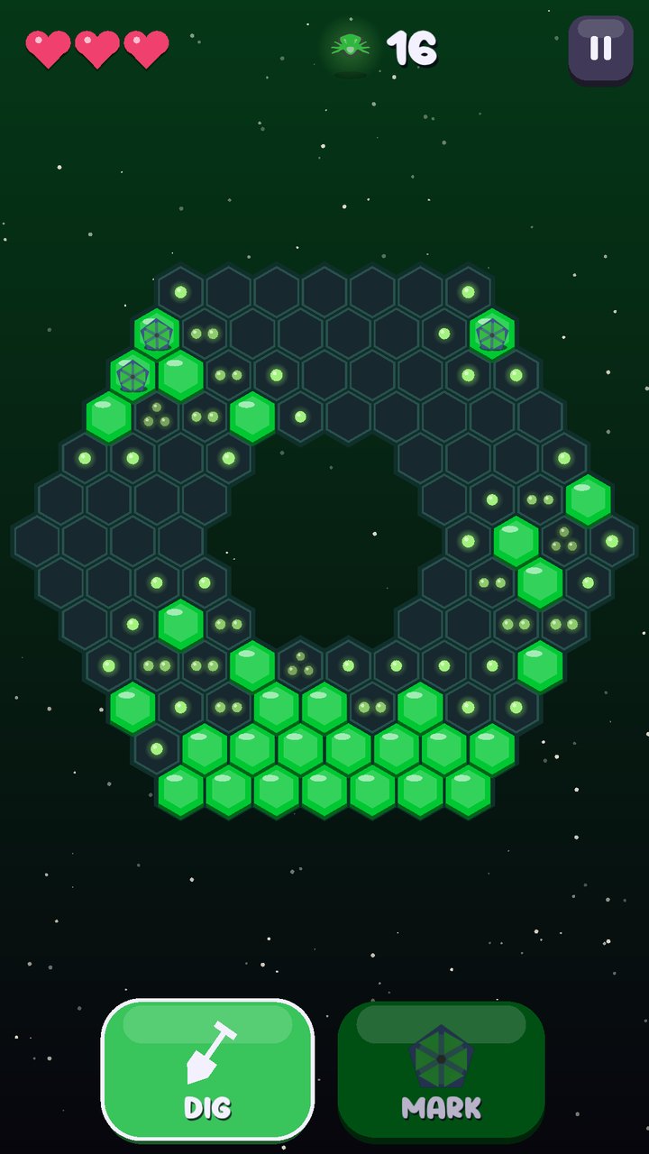 A SEED board in play, with markers planted on the hexagons hiding ghasts