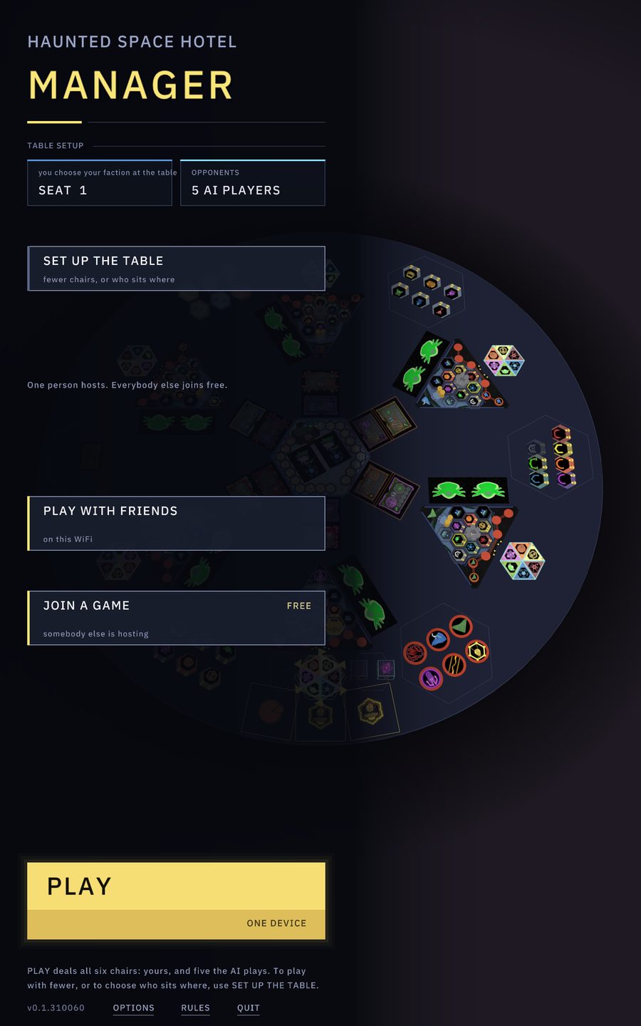 The title screen: set up the table, play with friends on your WiFi, or join a game free