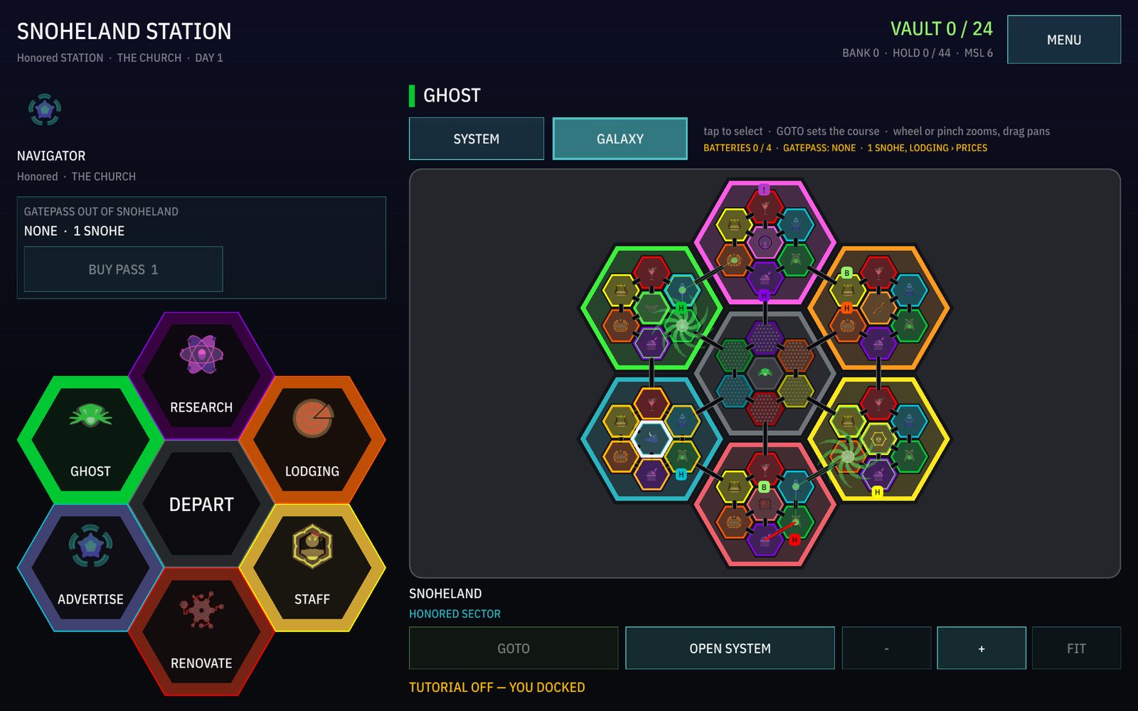 The galaxy map: six faction sectors of hexagonal systems around the Center