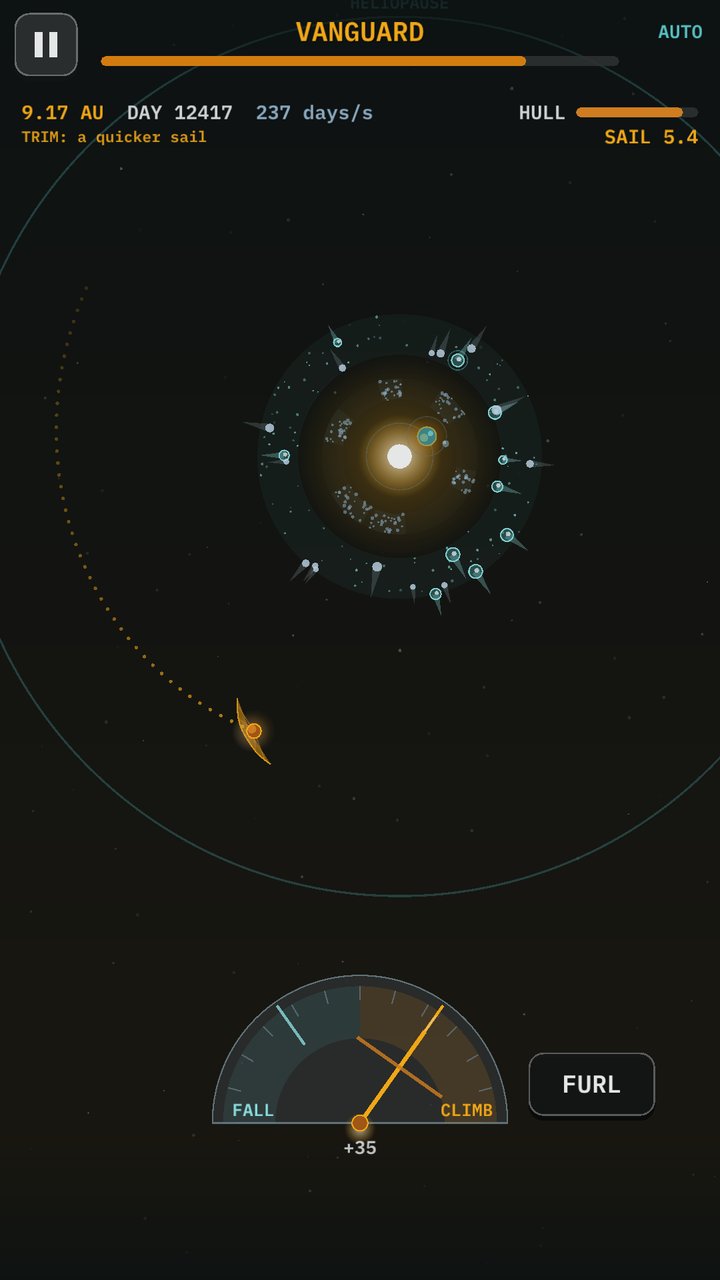 VANGUARD: the living sail-ship heading outward from the star past the ice ring, the sail dial at the foot of the screen
