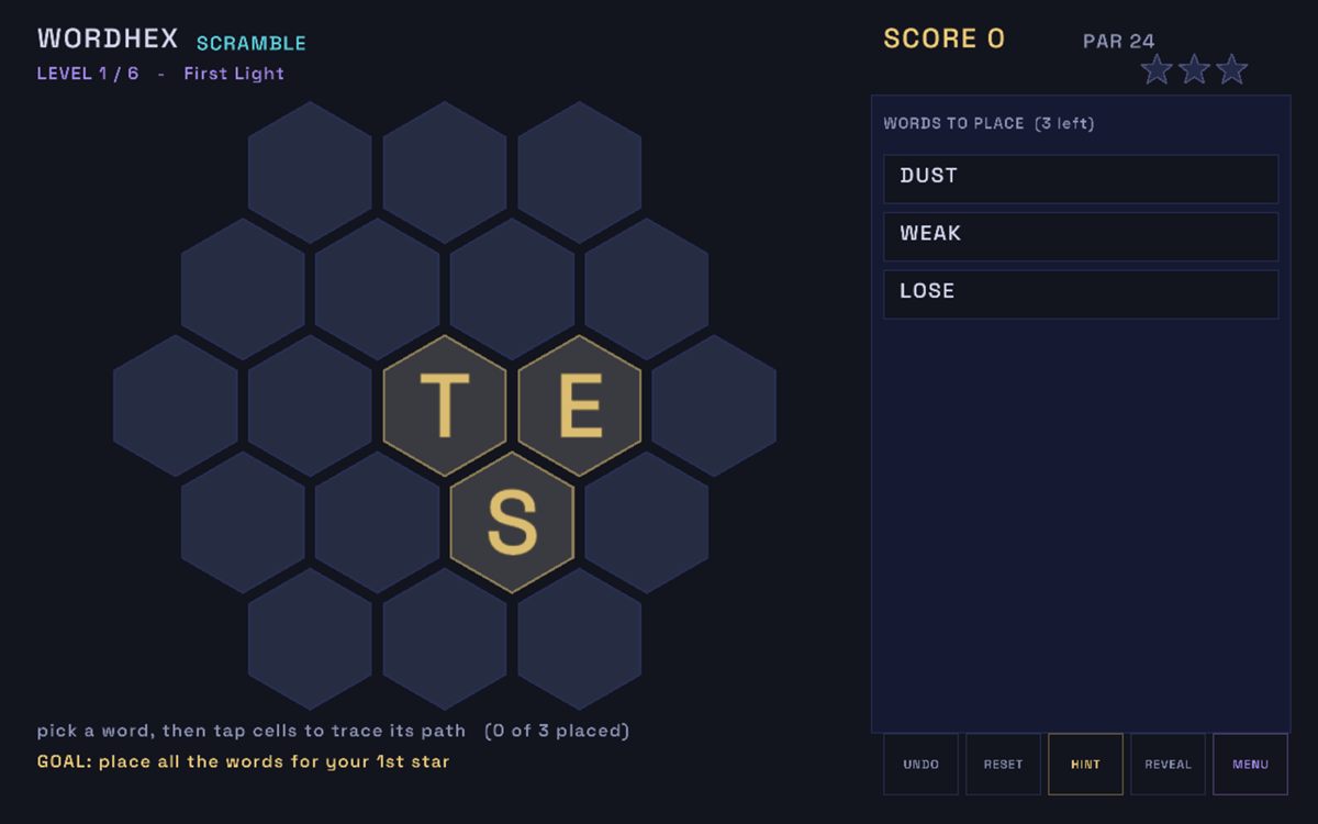 A WordHex board mid-solve, words traced across the hex lattice