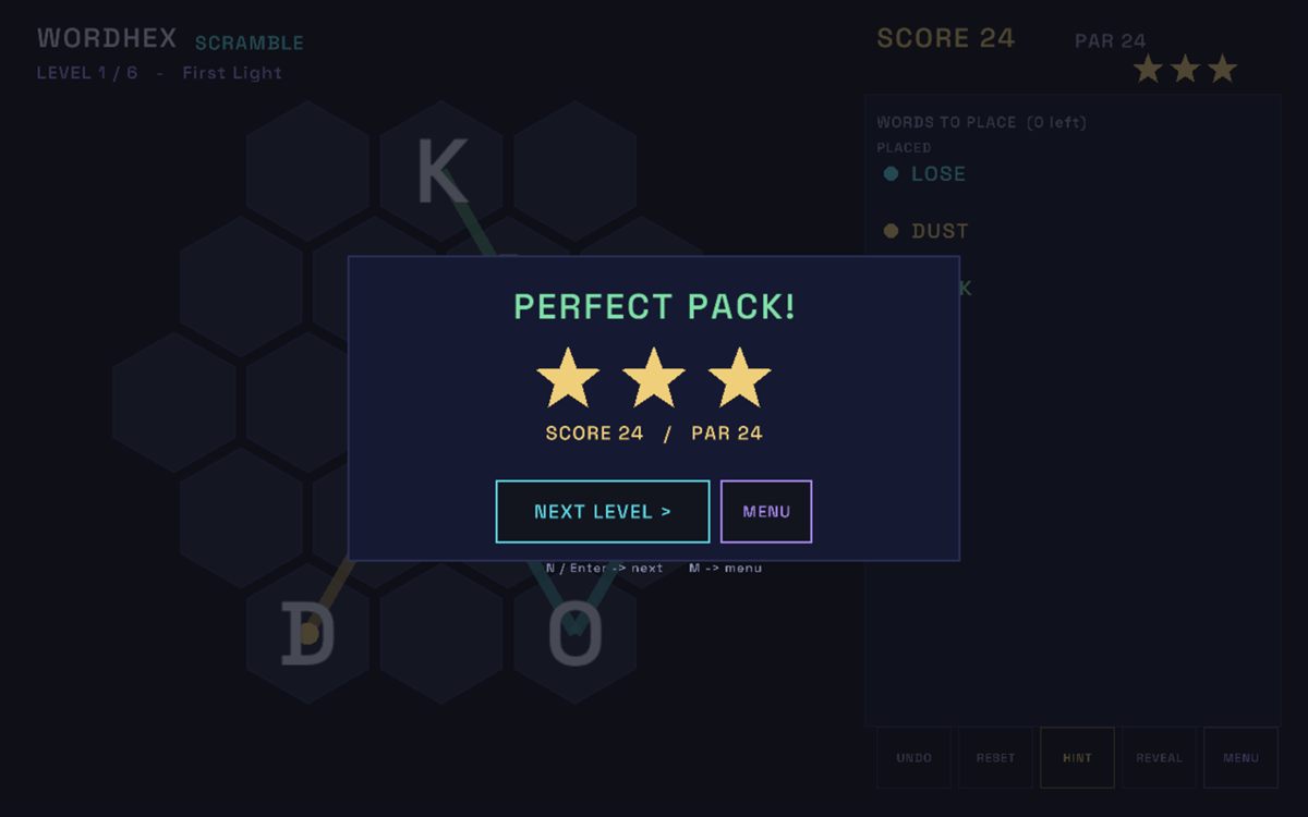 A solved board reading PERFECT PACK at par