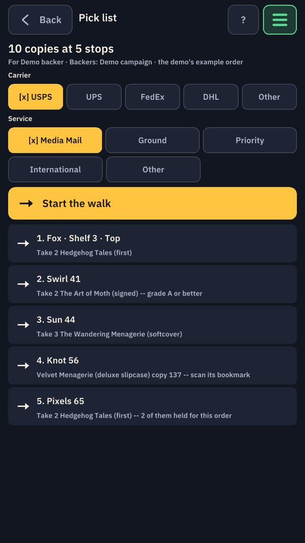 A pick list: ten copies at five stops, carrier and service chosen, a Start the walk button.