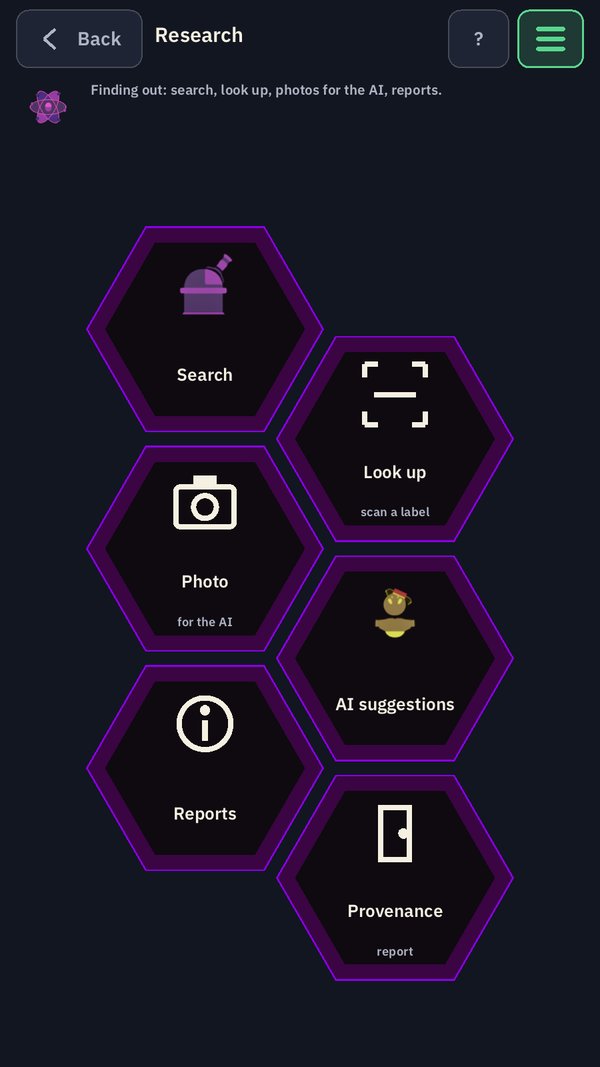 The Research page: hexagons for Search, Look up, Photo, AI suggestions, Reports and Provenance.