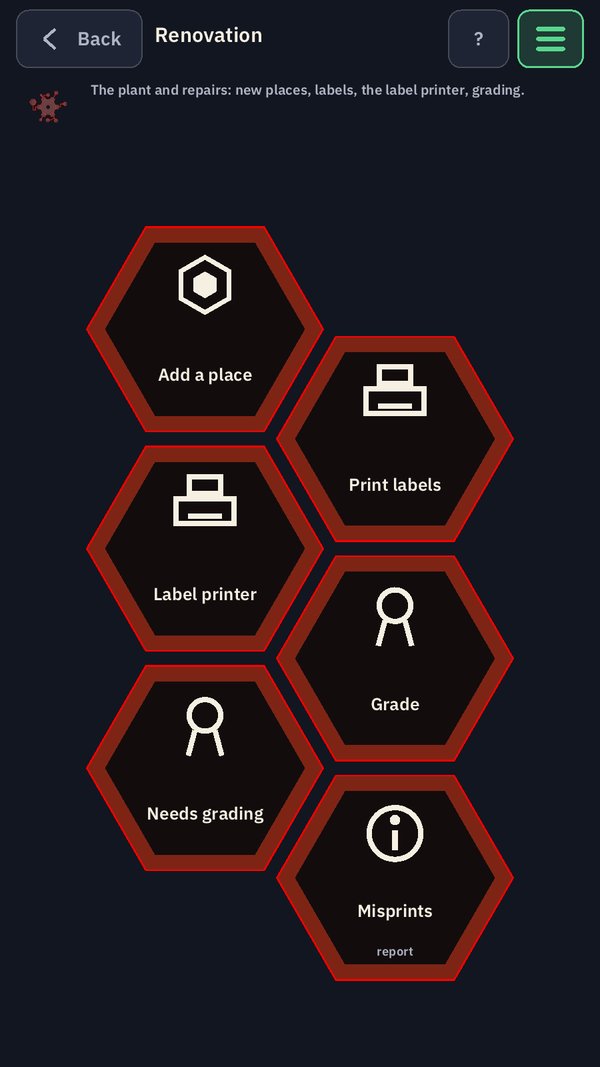 The Renovation page: hexagons for Add a place, Print labels, Label printer, Grade, Needs grading and Misprints.