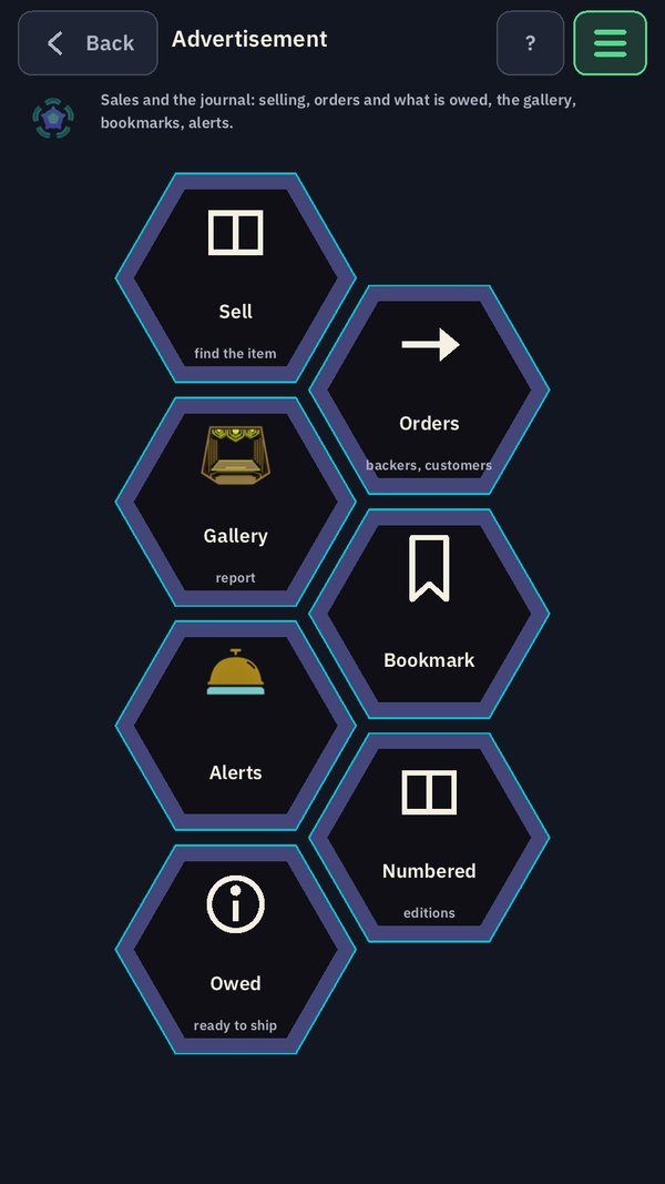 The Advertisement page: hexagons for Sell, Orders, Gallery, Bookmark, Alerts, Numbered and Owed.