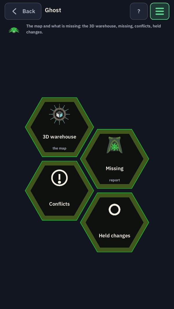 The Ghost page: hexagons for 3D warehouse, Missing, Conflicts and Held changes.
