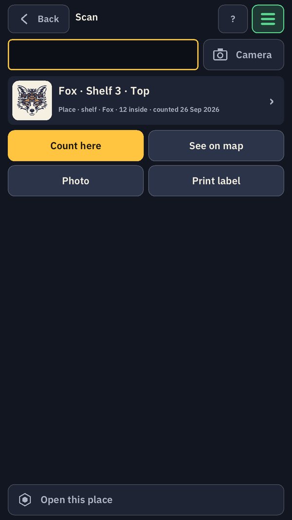 The Scan screen after scanning a shelf label: Fox · Shelf 3 · Top, 12 inside, counted 26 Sep 2026, with Count here, See on map, Photo and Print label.