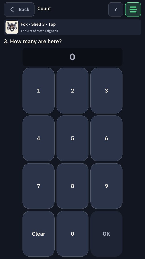The Count screen at Fox · Shelf 3 · Top for The Art of Moth (signed): How many are here? and a large keypad with Clear and OK.