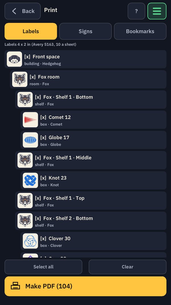 The Print screen: Labels, Signs and Bookmarks at the top, a list of places with ticks, and a Make PDF (104) button.