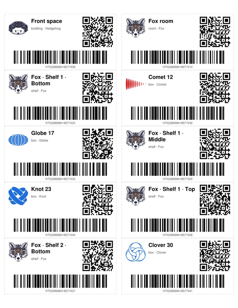A printed sheet of 4 by 2 inch shelf and box labels, each with its animal or shape picture, its name, a QR code and a short HT barcode with the digits printed under it.