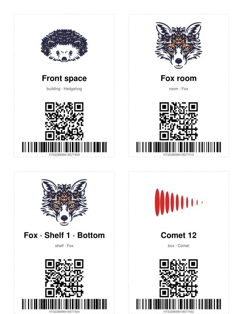 A printed sheet of room and storage signs: the hedgehog, fox and comet pictures large, each with its name, a QR code and an HT barcode.