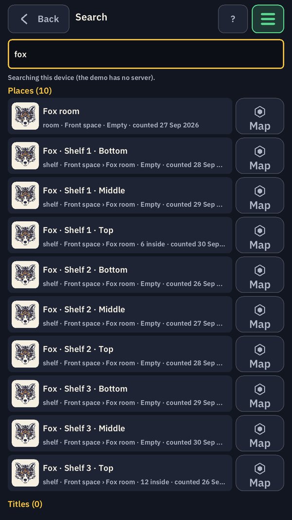 Search for “fox”: the Fox room and its shelf levels, each with what it holds, the day it was counted, and a Map button.