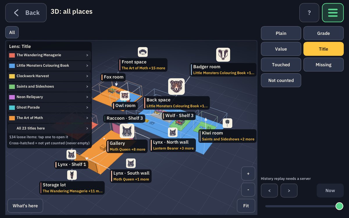 The 3D warehouse under the Title lens: each title its own colour, so one title can be followed across every room.