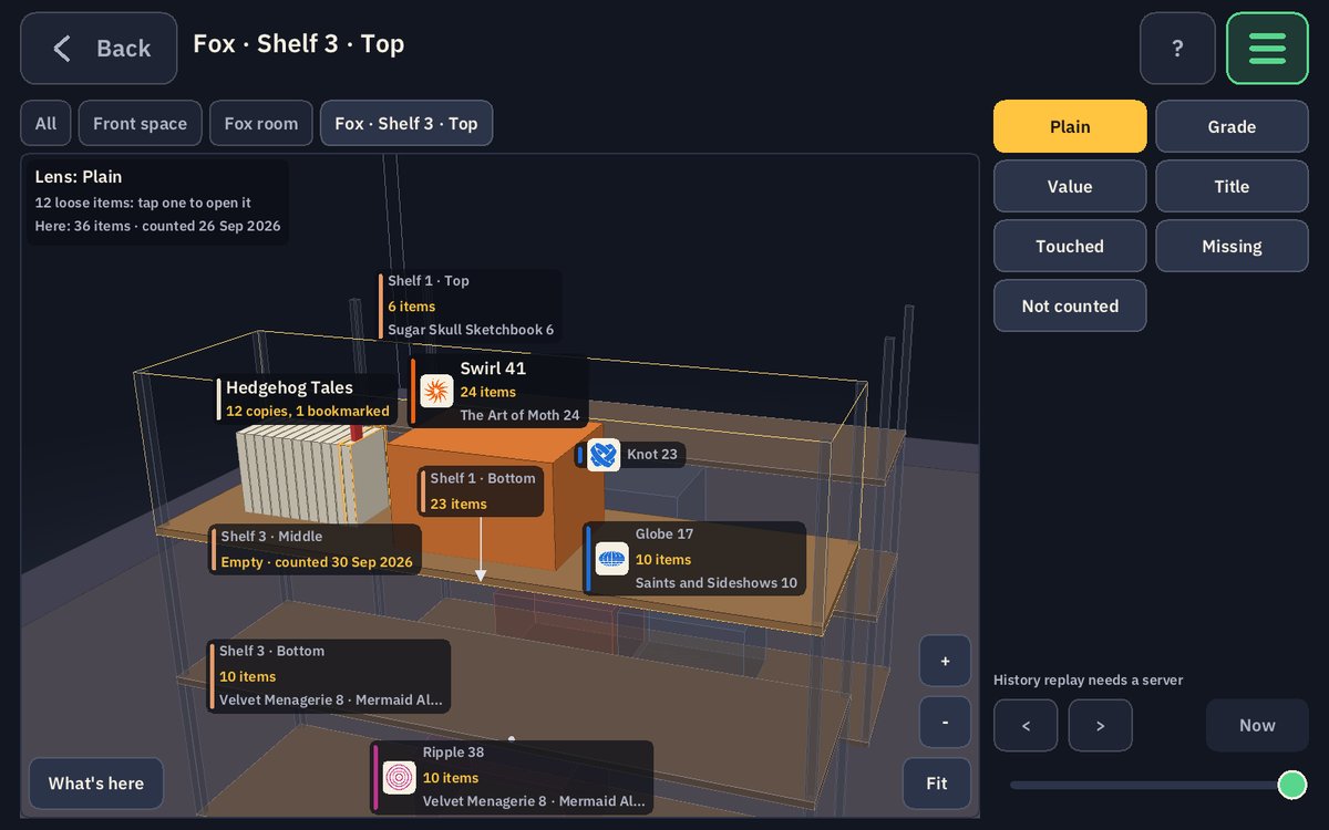 One shelf unit drilled open in 3D: each level labelled with its copies, and a box on a shelf with its count.