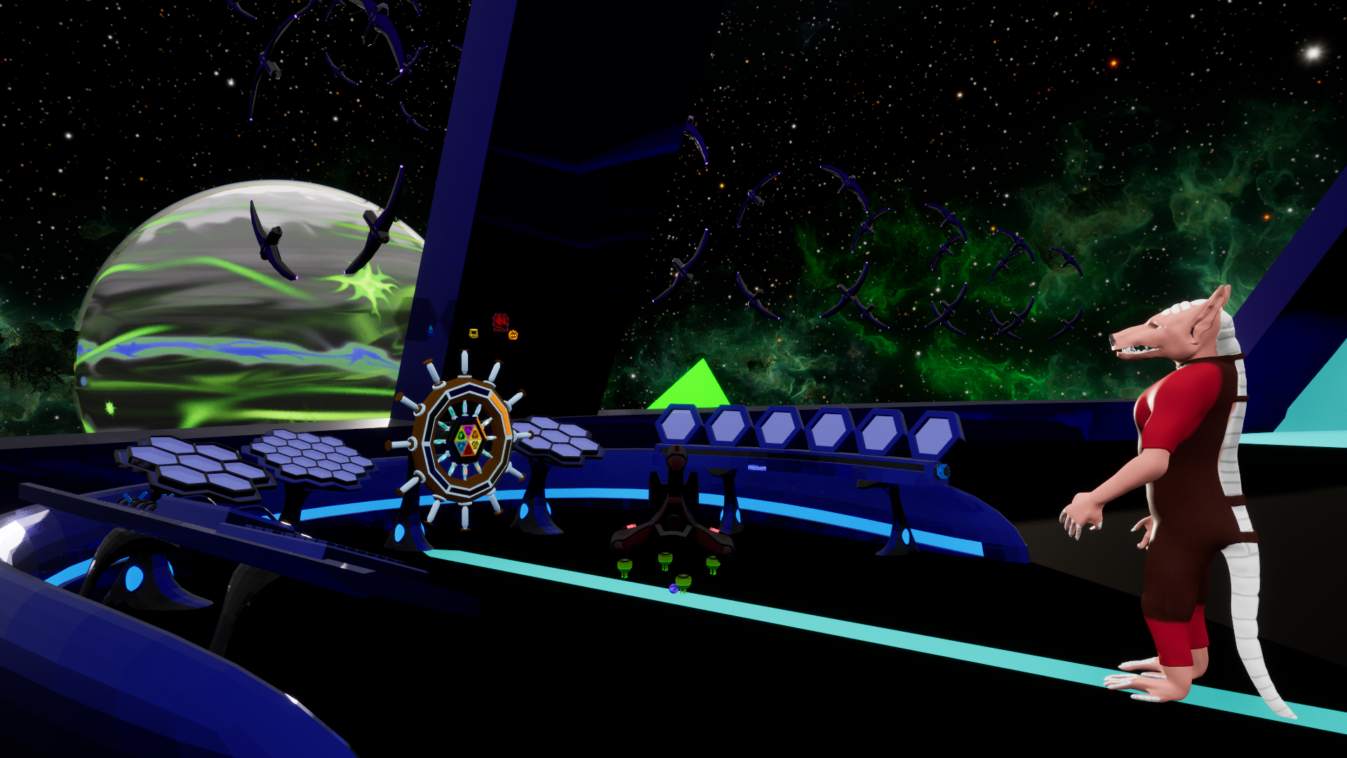 Vacancy gameplay: an observation deck overlooking a hex-floored bridge during a Shift