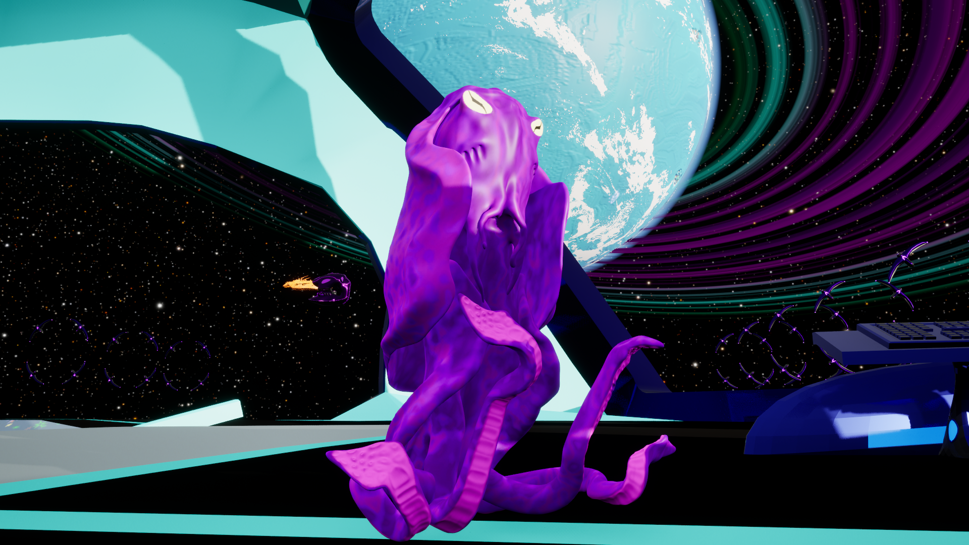 Vacancy gameplay: a Deep cephalopod floating against Earth, framed by a station ring