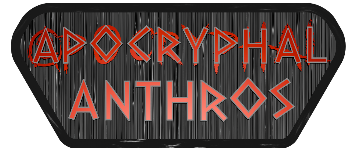 Apocryphal Anthros — the title, rust-red lettering on a steel plate