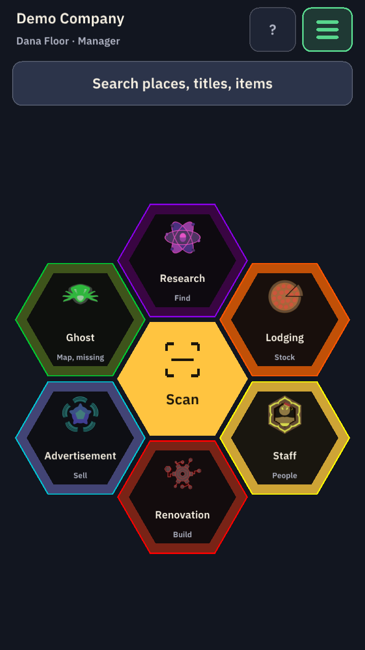 HexTracker's Home screen on a phone: Scan in the centre, ringed by the six Haunted Space Hotel actions — Research, Lodging, Staff, Renovation, Advertisement and Ghost
