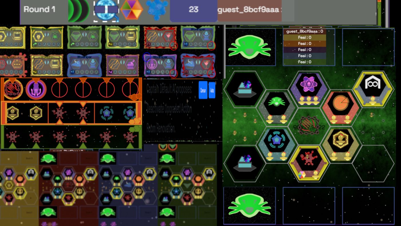 Manager mid-game — player boards, the Action Hex, six hotels