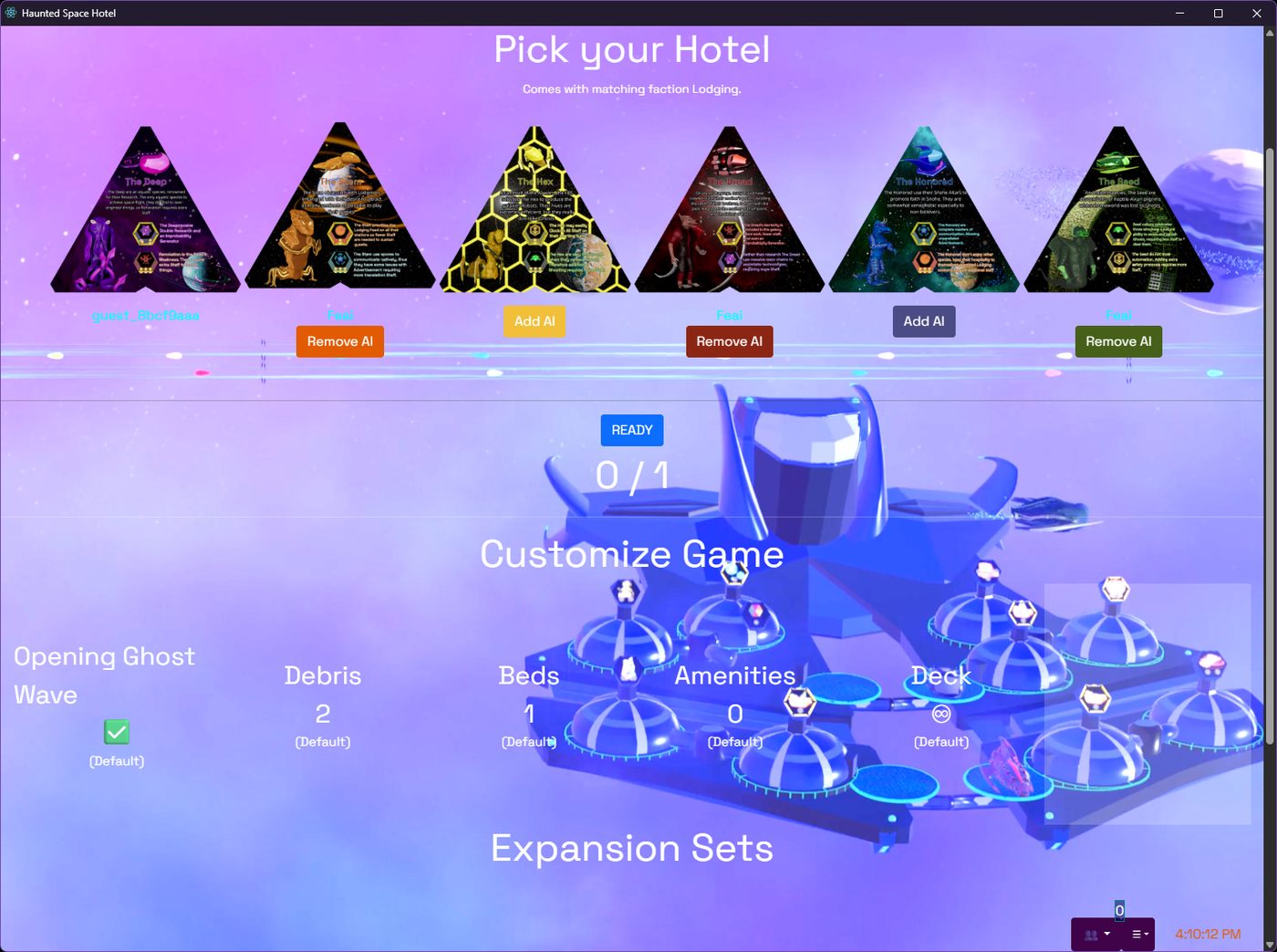 Manager’s Pick Your Hotel screen — six faction hotels to choose from