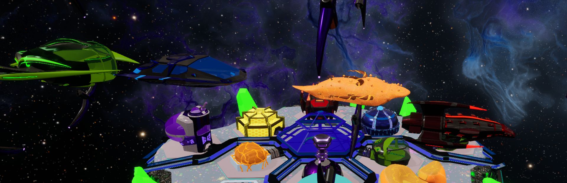 Vacancy — the hotel hub, six faction ships docked around it